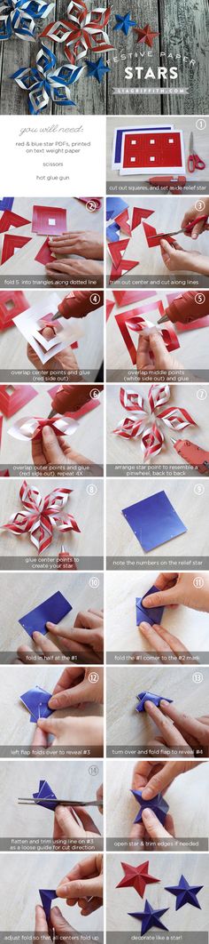 the instructions for how to make an origami kite with red, white and blue paper