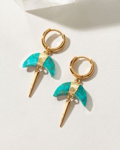 Made with genuine gemstones, our top-selling crescent horn shape has been reimagined. Whether you're looking to channel some good vibes or add an earthy accent to your wardrobe, these earrings are sure to make a statement. Horn Earrings, Chic Brides, Power Symbol, Brass Hoops, Capricorn And Aquarius, Earrings Turquoise, Druzy Quartz, Calming Stones, Taurus And Gemini