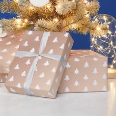 two wrapped presents under a christmas tree with lights on the branches in front of it