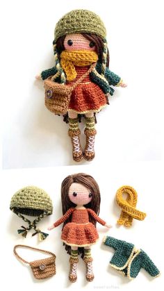 crocheted doll and other items are shown in three different pictures, one is wearing a