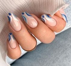 Nails Paris Design, Blue French Tips With White Line, Baby Blue French Tip Nails Almond, Sky Blue And White Nails, Tap Nails, Storm Nails, Wave Nails, Work Nails