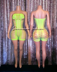 🥝RazorCut Fishnet Romper  🥝Glued Rhinestones  🥝LimeGreen (Highlighter green) Handmade ready to ship No returns or refunds on intimates and dancewear Neon Green Rave Outfit, Green Rave Outfit, Goblin Queen, Combi Short, Green Fish, Fishnet Bodysuit, Green Highlights, High Fashion Outfits, School Clothes