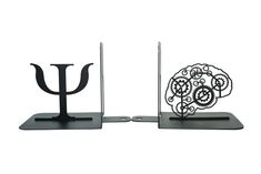 two metal sculptures depicting the letter u and a brain on each side, one with an upside down section