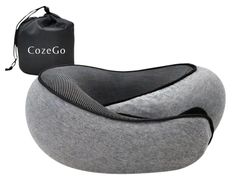 a grey and black bean bag sitting on top of a gray chair next to a pouch