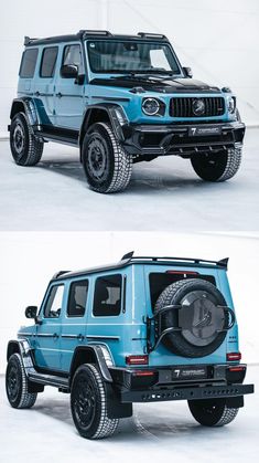 two pictures of the front and rear views of a blue jeep