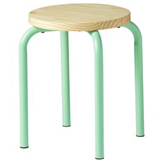 a small wooden stool with green legs