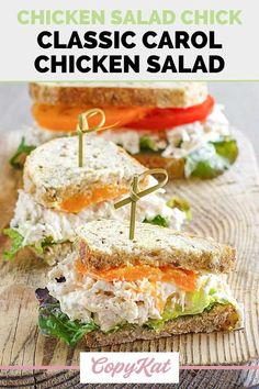 the chicken salad sandwich is cut in half and ready to be eaten