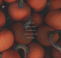 a pile of pumpkins with the words leaves, sweaters, pumpkins fuzzy socks coffee