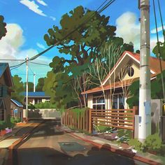 a painting of a street with houses and power lines in the background on a sunny day