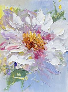 an oil painting of a white and pink flower