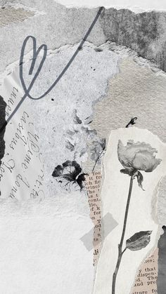 a collage with flowers and letters on the side, in black and white colors