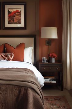 a bed sitting in a bedroom next to two lamps and pictures on the wall above it