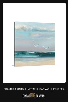 a painting of birds flying over the ocean on a black and white background with text that reads framed prints metal canvass posters great big canvases