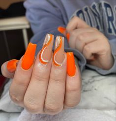 Orange Acrylics, Red Orange Nails, Bright Orange Nails, Nail Disorders, Neon Orange Nails, White Nails With Gold, Orange Acrylic Nails, Elegant Touch Nails, Orange Nail Designs