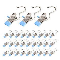 a set of blue binders with hooks and clips on each side, all in different sizes