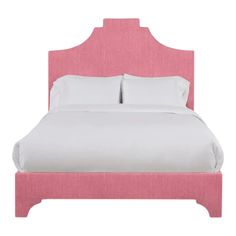 a pink bed with white sheets and pillows on it's headboard, against a white background