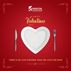 a valentine's day card with a heart shaped plate, fork and knife