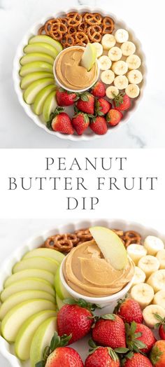 two bowls filled with different types of fruit and nuts, one has peanut butter in the middle