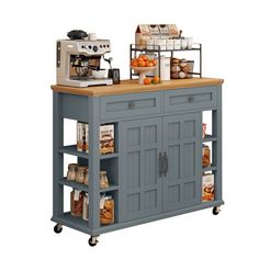 a small kitchen island with lots of food on it's top and shelves next to an espresso machine