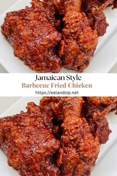 two white plates filled with food on top of each other and the words jamaican style barbecue fried chicken