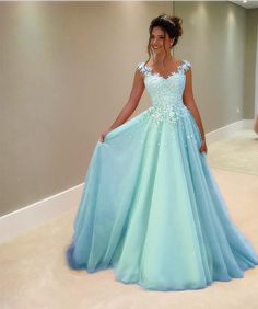 This dress could be custom made, there are no extra cost to do custom size and color. Illusion Neckline Prom Dress, Modest Evening Gowns, Robes D'occasion, Prom Dresses Long Lace, Floor Length Prom Dresses, Blue Evening Dresses, Chiffon Prom Dress, Prom Dresses Blue