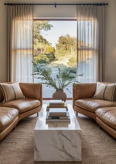 a living room with two couches and a coffee table in front of a window