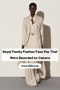 a woman standing in front of a white wall with the words royal family fashion fauxs that were recorded on camera