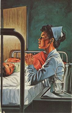 a painting of a woman laying in a hospital bed