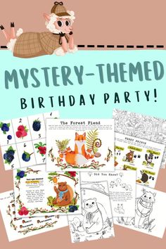 the mystery themed birthday party with pictures and text that reads,'mystery - themed birthday party