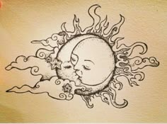 a drawing of a sun and moon with clouds