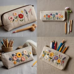 four different images of pencils, pens and needle cases with embroidered flowers on them