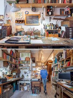 two pictures of a man in a room with bookshelves and shelves full of books