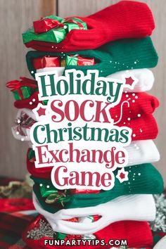 socks stacked on top of each other with the words holiday sock christmas exchange game written on them