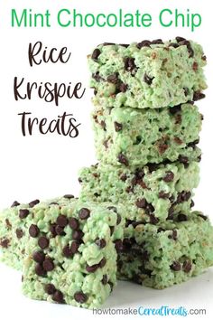 mint chocolate chip rice krispy treats stacked on top of each other with the title above it