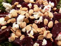 beet salad with goat cheese and almonds on top