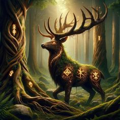 a deer in the middle of a forest with symbols on it's antlers