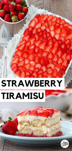 strawberries and cream cake on a plate with the words strawberry tramsu above it