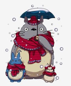 a cartoon character with an umbrella and two small animals in winter clothes, standing under the snow