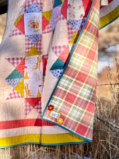 a quilt hanging on a fence in the grass next to some dry grass and weeds