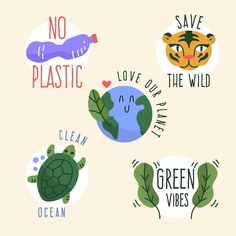 four stickers that say no plastic, love our wild and green vibes on them