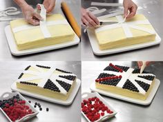 four pictures showing how to decorate a cake with berries and cream frosting on it