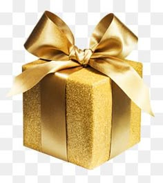 a gold gift box with a golden bow on it, transparent background png and psd