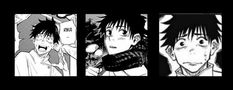 three different anime characters with black and white background