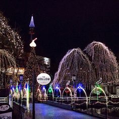 christmas lights on trees and buildings in the background at night time with street signs lit up