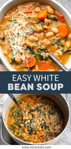 two bowls of bean soup with spinach, carrots and parmesan cheese