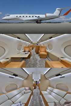 the interior of an airplane is shown in three different views, including seats and couches