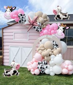 a bunch of balloons that are on the ground in front of a barn and cow