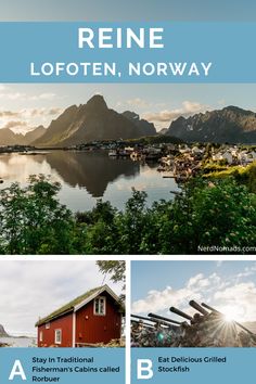 the cover of an article about reine lofoten, norway with pictures of boats and houses