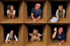 six different pictures of people sitting in a cardboard box with their hands on the floor