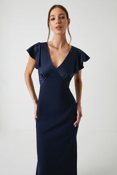 V Neck Angel Sleeve Satin Bridesmaids Dress Short Sleeve Navy Bridesmaid Dress, Deep V Neck Dress Coast, Navy Blue Wedding Guest Dress Red Lip, Indigo Evening Dress, Batwing Bridesmaid Dress, V Neck Maxi Dress With Sleeves, Wedding Guest Navy Dress, Satin Navy Dress, Navy Blue Wedding Guest Outfit